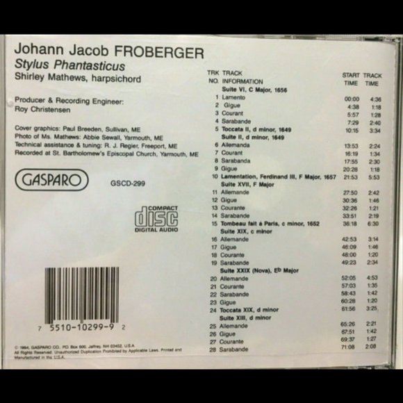 CD Shirley Mathews Froberger Stylus Phantasticus Gasparo Harpsichord New - Picture 5 of 8